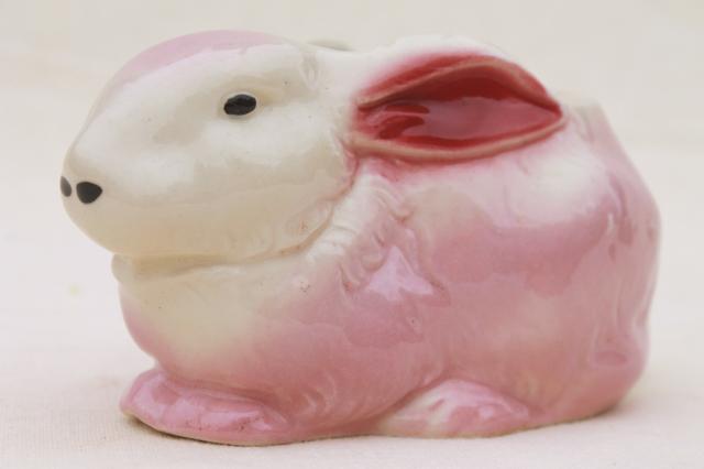 photo of 50s 60s vintage USA pottery planter, pink & white bunny rabbit for Easter or baby gift #1