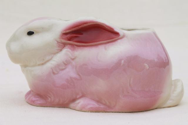 photo of 50s 60s vintage USA pottery planter, pink & white bunny rabbit for Easter or baby gift #2