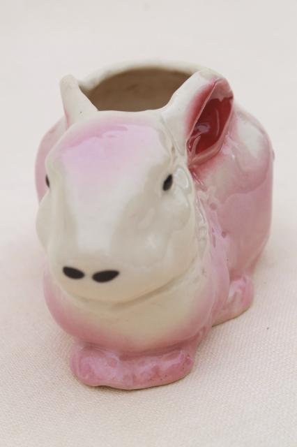 photo of 50s 60s vintage USA pottery planter, pink & white bunny rabbit for Easter or baby gift #5