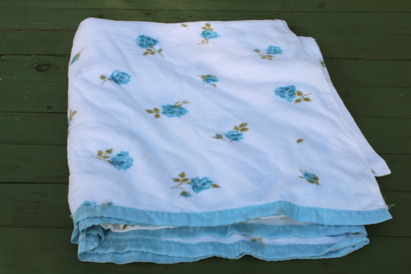 photo of 50s 60s vintage all cotton flannel sheet blanket, soft summer weight blanket w/ blue roses floral print  #1