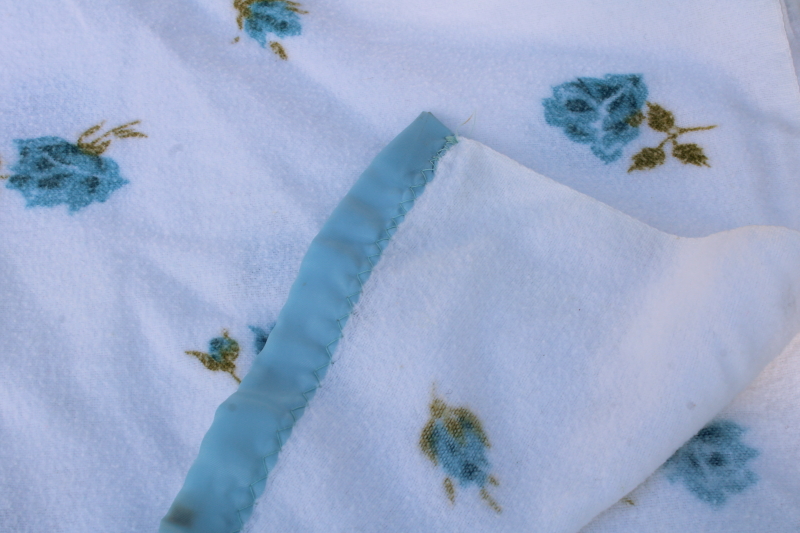 photo of 50s 60s vintage all cotton flannel sheet blanket, soft summer weight blanket w/ blue roses floral print  #2