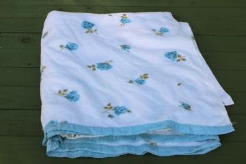 50s 60s vintage all cotton flannel sheet blanket, soft summer weight blanket w/ blue roses floral print 