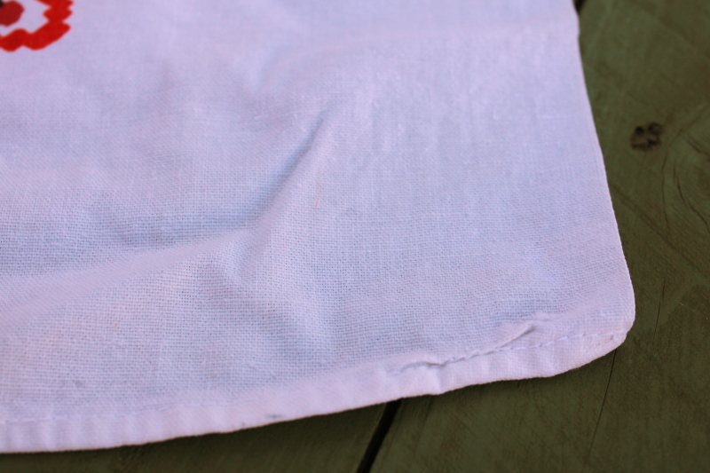 photo of 50s 60s vintage chickens print kitchen tablecloth, folk art flowers, roosters weathervanes #7