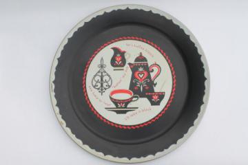 catalog photo of 50s 60s vintage coffee time print serving tray, huge round metal coffee table tray