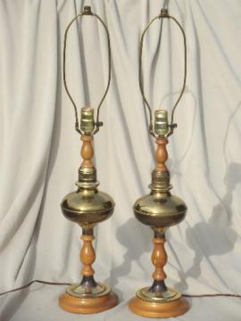 catalog photo of 50s 60s vintage colonial maple  polished brass table lamps pair