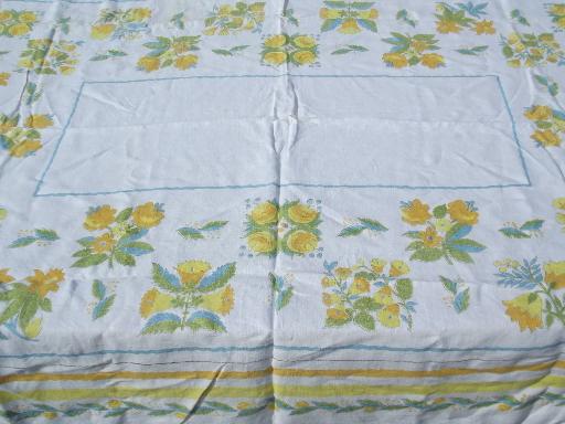 photo of 50s 60s vintage cotton and linen weave kitchen tablecloths, flower prints #4