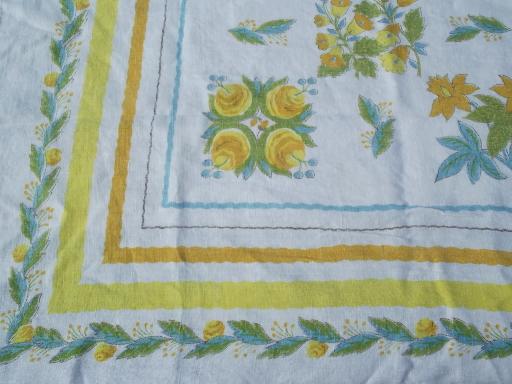 photo of 50s 60s vintage cotton and linen weave kitchen tablecloths, flower prints #5