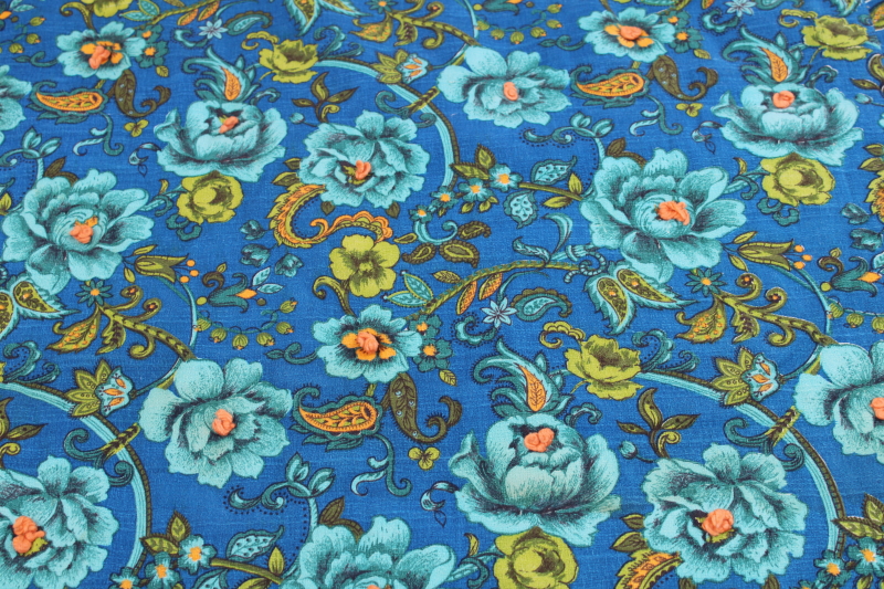 photo of 50s 60s vintage cotton barkcloth tied quilt comforter, mod floral print greens & blues  #3