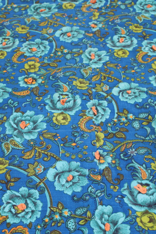 photo of 50s 60s vintage cotton barkcloth tied quilt comforter, mod floral print greens & blues  #7