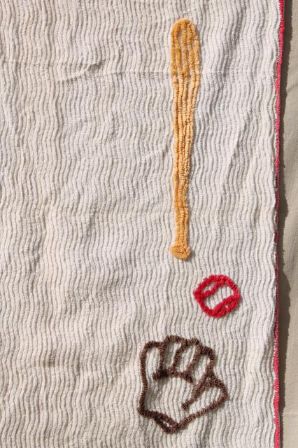 photo of 50s 60s vintage cotton chenille curtains, baseball theme decor for sports TV den or man cave! #9