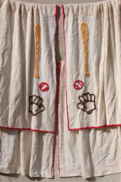 catalog photo of 50s 60s vintage cotton chenille curtains, baseball theme decor for sports TV den or man cave!