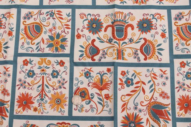 photo of 50s 60s vintage cotton decorator fabric, Penna Dutch folk art tulip lily flowers orange & blue #2