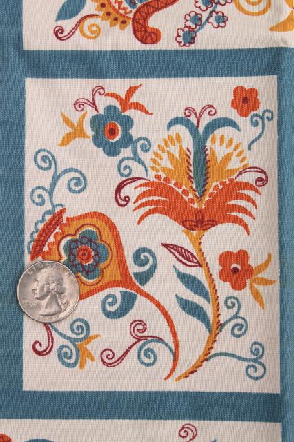 photo of 50s 60s vintage cotton decorator fabric, Penna Dutch folk art tulip lily flowers orange & blue #3
