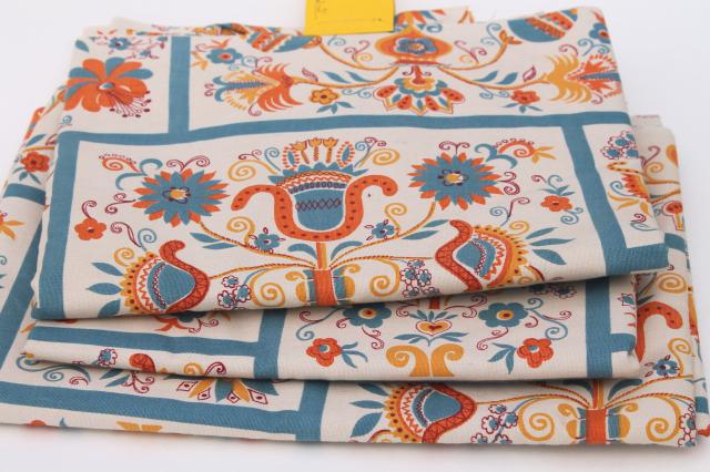 photo of 50s 60s vintage cotton decorator fabric, Penna Dutch folk art tulip lily flowers orange & blue #4