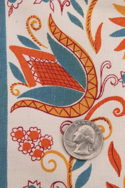 photo of 50s 60s vintage cotton decorator fabric, Penna Dutch folk art tulip lily flowers orange & blue #5