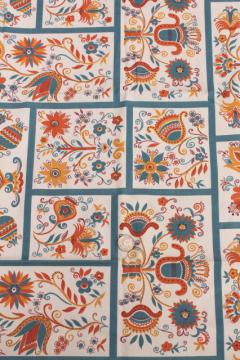 catalog photo of 50s 60s vintage cotton decorator fabric, Penna Dutch folk art tulip lily flowers orange & blue
