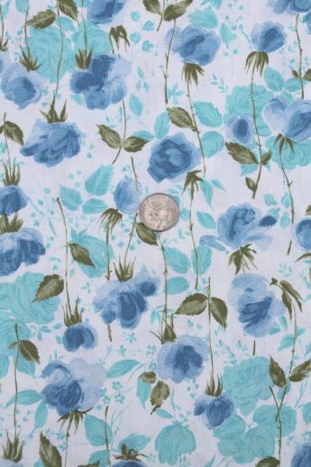 photo of 50s 60s vintage cotton fabric, blue & turquoise rose floral dress material #1