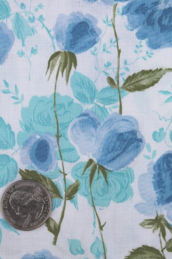 photo of 50s 60s vintage cotton fabric, blue & turquoise rose floral dress material #2