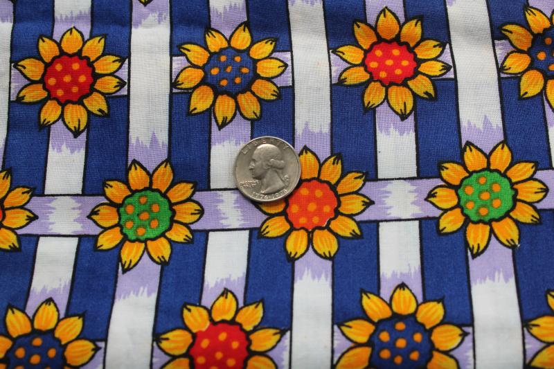 photo of 50s 60s vintage cotton fabric, bright sunflowers garden fence lattice on blue #2