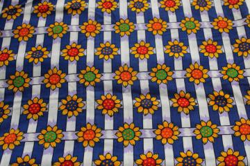 catalog photo of 50s 60s vintage cotton fabric, bright sunflowers garden fence lattice on blue