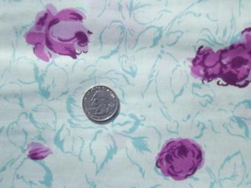 catalog photo of 50s 60s vintage cotton fabric, magenta pink roses floral print on blue