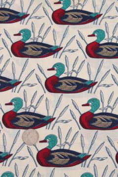 catalog photo of 50s 60s vintage cotton fabric w/mallard duck print, camp cabin lodge game birds ducks