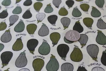 catalog photo of 50s 60s vintage cotton fabric w/ squash vegetable print, farmer's market style