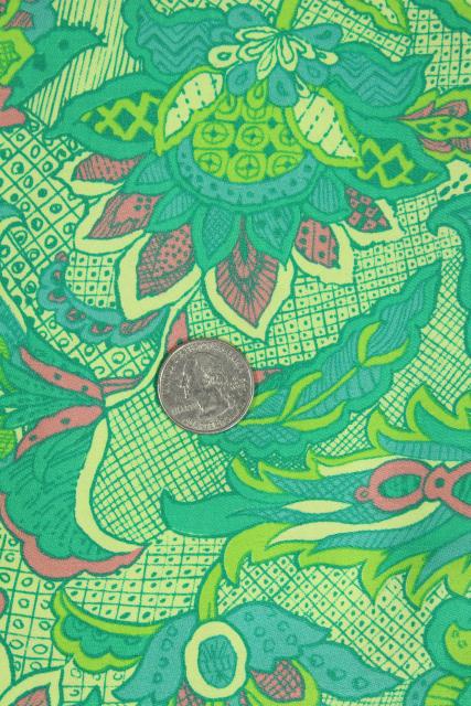 photo of 50s 60s vintage cotton paisley print fabric, shade of green and pink #1