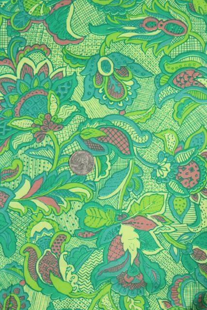 photo of 50s 60s vintage cotton paisley print fabric, shade of green and pink #2