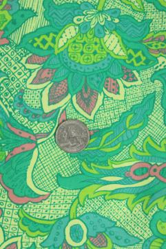 50s 60s vintage cotton paisley print fabric, shade of green and pink