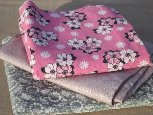 photo of 50s 60s vintage dress fabric lot, pink & black floral & silvery greige #1