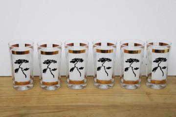 catalog photo of 50s 60s vintage highball glasses set, mod black & white silhouette bonsai trees w/ gold