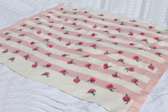 photo of 50s 60s vintage rayon plush blanket w/ cottage pink carnations floral, new old dead stock never used #2