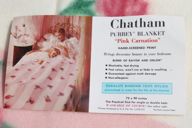 photo of 50s 60s vintage rayon plush blanket w/ cottage pink carnations floral, new old dead stock never used #4