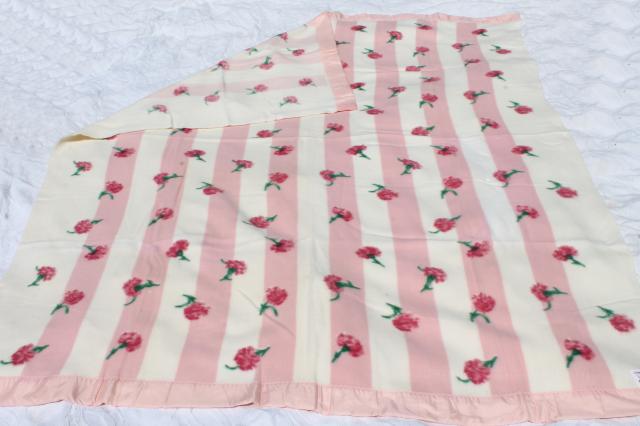 photo of 50s 60s vintage rayon plush blanket w/ cottage pink carnations floral, new old dead stock never used #6