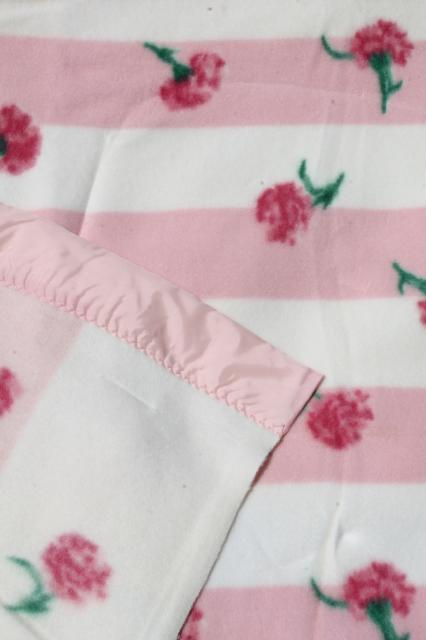 photo of 50s 60s vintage rayon plush blanket w/ cottage pink carnations floral, new old dead stock never used #7