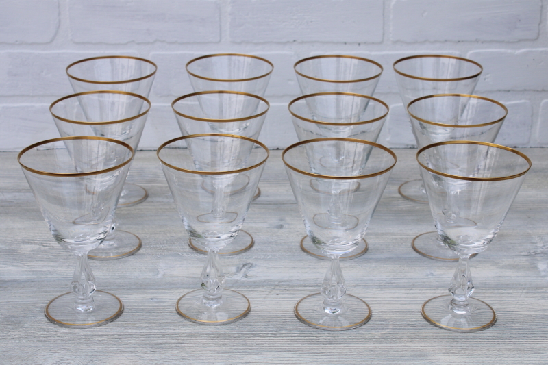 photo of 50s 60s vintage set of 12 Fostoria water glasses, gold wedding band Ambassador pattern goblets #1
