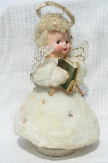 photo of 50s 60s vintage snow baby Christmas angel music box doll, fluffy blonde w/ chenille halo #1