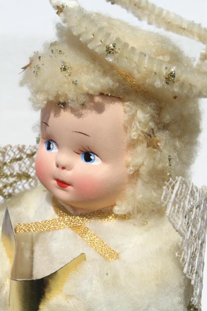 photo of 50s 60s vintage snow baby Christmas angel music box doll, fluffy blonde w/ chenille halo #2