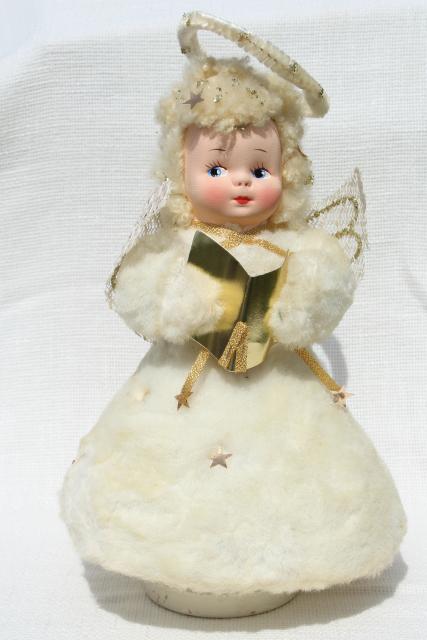 photo of 50s 60s vintage snow baby Christmas angel music box doll, fluffy blonde w/ chenille halo #4