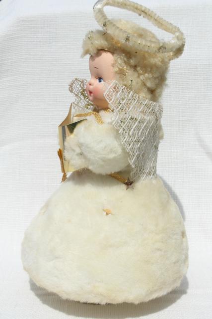 photo of 50s 60s vintage snow baby Christmas angel music box doll, fluffy blonde w/ chenille halo #5