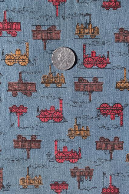 photo of 50s 60s vintage steam engine print cotton shirting fabric, retro steampunk #1