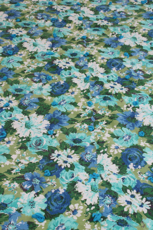 photo of 50s 60s vintage tied quilt comforter, mod floral print cotton green, blue, aqua  #3