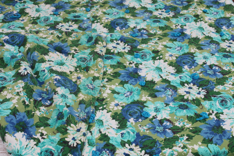 photo of 50s 60s vintage tied quilt comforter, mod floral print cotton green, blue, aqua  #5