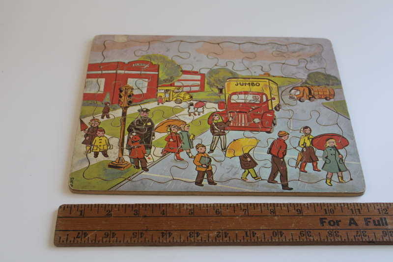 photo of 50s 60s vintage wood jigsaw puzzle, tray frame puzzle school crossing children illustration  #1