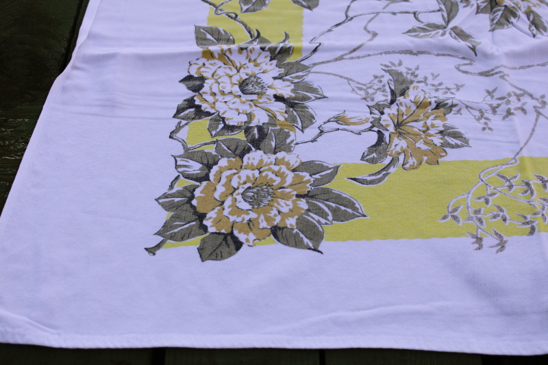 photo of 50s MCM vintage cotton rayon tablecloth, flowers & foliage metallic gold w/ yellow Japanese garden floral #2
