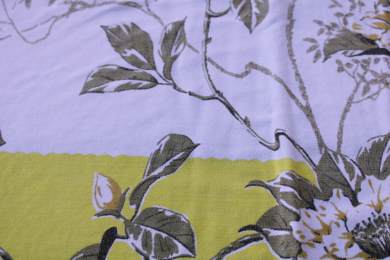 photo of 50s MCM vintage cotton rayon tablecloth, flowers & foliage metallic gold w/ yellow Japanese garden floral #3