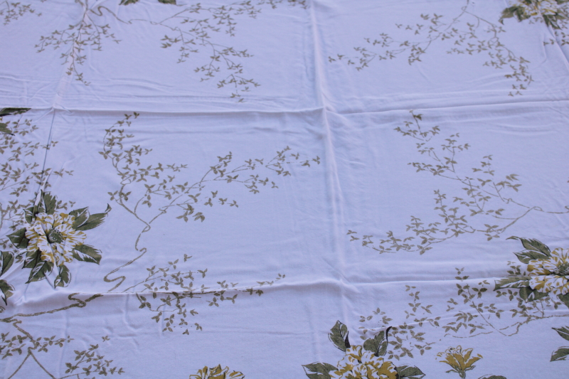 photo of 50s MCM vintage cotton rayon tablecloth, flowers & foliage metallic gold w/ yellow Japanese garden floral #4