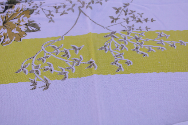 photo of 50s MCM vintage cotton rayon tablecloth, flowers & foliage metallic gold w/ yellow Japanese garden floral #5