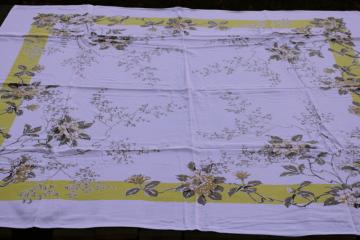 catalog photo of 50s MCM vintage cotton rayon tablecloth, flowers & foliage metallic gold w/ yellow Japanese garden floral 